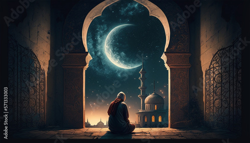 Fotografie, Obraz muslim old man praying on a mosque with starry and crescent moon moon night