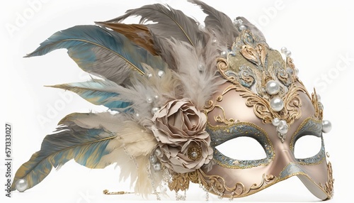  a masquerade mask with feathers and flowers on a white background with a white background with a white background and a white background with a white background. generative ai