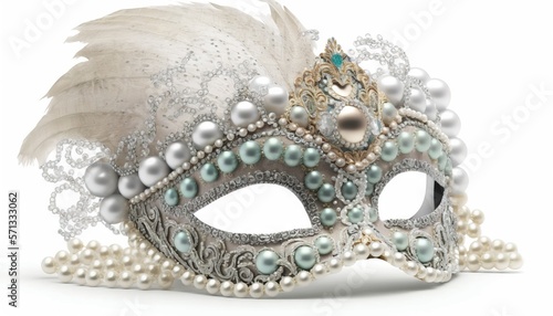  a masquerade mask with pearls and a feather on a white background with copy space for the word,'masquerade '. generative ai