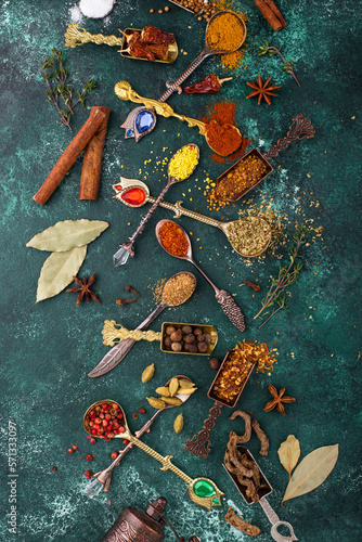 Assortment of diffferent Indian spices and herbs photo