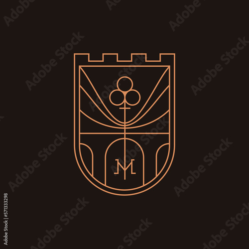 Heraldic sign with key, fortress, aqueduct, wall, arch, and letter M in minimal outline style.