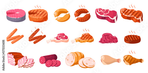 Cartoon meat products. Raw steaks sausages and forcemeat, fresh meaty ingredients for bbq, pork beef chicken sirloin stuffing, gourmet meal. Vector collection