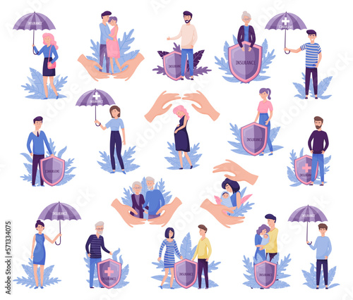 People Life and Health Insurance Under Umbrella and Hand Protection Vector Set