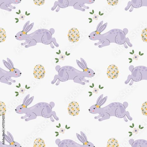 Pattern with cute rabbits, bunny or hare. Baby animals and Easter eggs print. Childish apparel print in pastel colors. Wrapping paper, greeting cards, textile design.