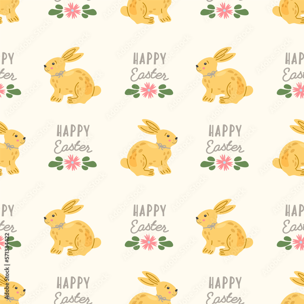Obraz premium Pattern with cute rabbits, bunny or hare. Baby animals and Easter eggs print. Childish apparel print in pastel colors. Wrapping paper, greeting cards, textile design.