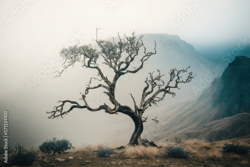 Dry tree on a green mountain covered with fog. Illustration Generative AI