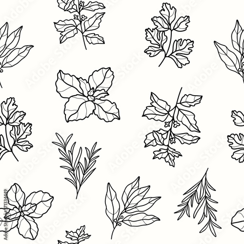 Line art herbs and spices seamless pattern
