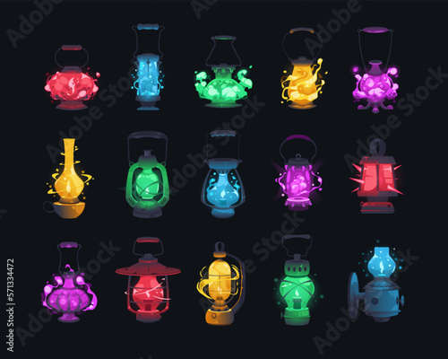 Magic lantern. Fantasy night lamp cartoon flat style for ui asset, fairytale lighting equipment video game design concept. Vector isolated collection
