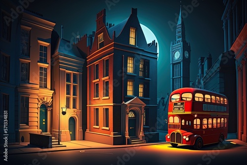 An illustration of London in three-dimensional style at night with the typical London bus Concept  London art print. Generative ai  