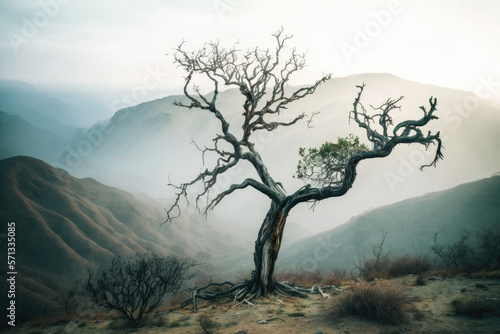 Dry tree on a green mountain covered with fog. Illustration Generative AI
