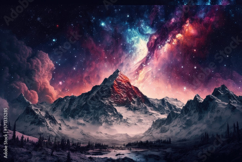 Starry sky mountain. Illustration AI Generative © olegganko