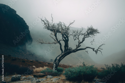 Dry tree on a green mountain covered with fog. Illustration Generative AI