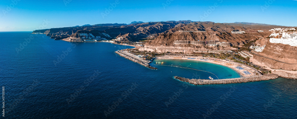 Aerial view of the Amadores beach on the Gran Canaria island in Spain. The most beautiful beach on the Canary islands.