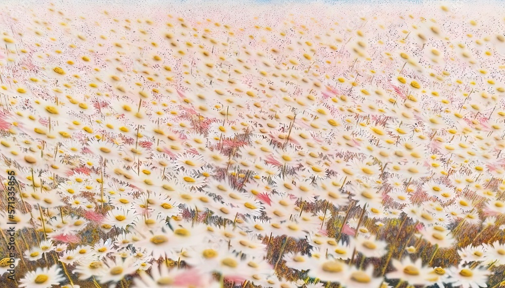 Fototapeta premium a painting of a field of daisies and daisies in the foreground, with a blue sky in the background, and a blue sky in the background. generative ai