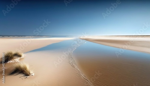Tableau sur toile a sandy beach with a small stream of water coming out of the sand to the water and a blue sky above it, with a few small trees in the foreground