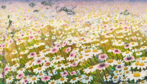  a painting of a field of daisies and daisies in the foreground, with a blue sky in the background and a pink sky in the background.  generative ai © Anna