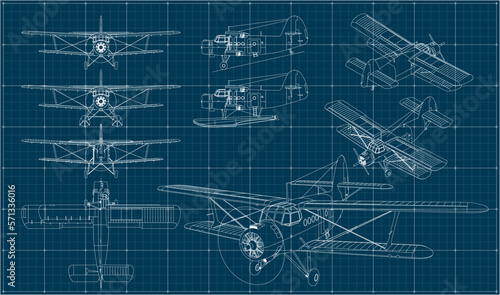 Military and civil aircraft. Biplane of the times of the USSR. Blueprint with projections and isometry. Scale model of an airplane.	
