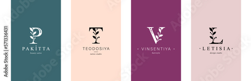 Bundle of Botanical Minimalistic Logos. Monogram of letters P, T, V, L.