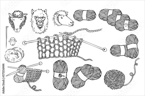 Knitting needle and thread. Knitwear handcraft tools and yarn fiber set. Hobby knit. Hand drawn vector illustration