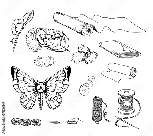 Silkworm and silk caterpillar, cocoon, butterfly, needle with threads and fabric set. Hand drawn vector illustration