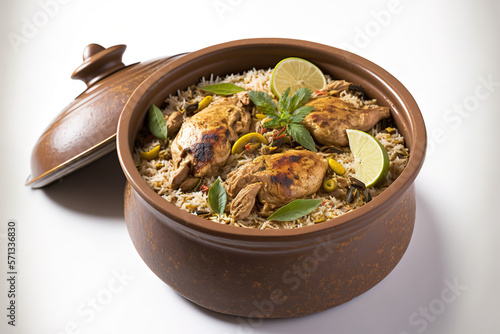 Chicken biriyani, a Kerala style meal cooked with jeera rice and spices and served with raitha and lemon pickles as a side dish, is seen in an earthenware bowl on a white background. Generative AI photo