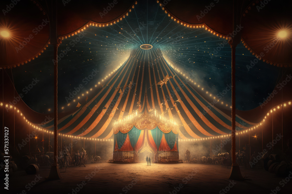 Image from inside a large circus illuminated by beautiful lights in its most incredible presentation. - obrazy, fototapety, plakaty 