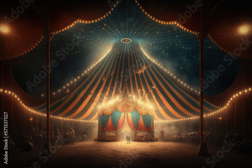 Image from inside a large circus illuminated by beautiful lights in its most incredible presentation. photo