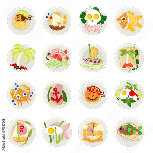Creative Pirate Dish and Meal for Kids Served on Plates Big Vector Set
