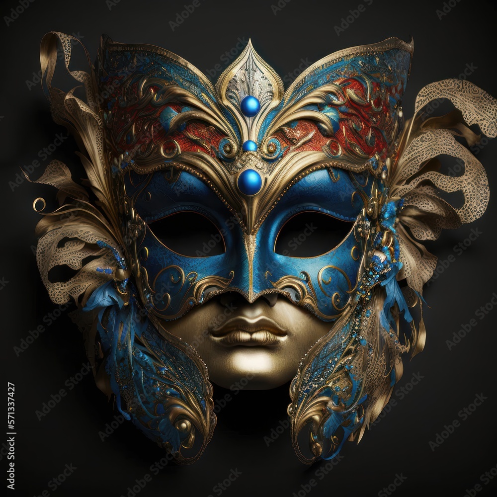 Venetian carnival mask isolated on dark background. Masquerade one mask template for carnival in front view. Generative ai 