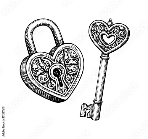 Vintage padlock and key ink sketch.