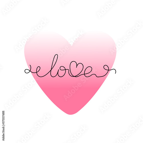 Pink blurred heart and love word single line y2k aura gradient minimalist vector illustration, symbol of love, St Valentine's holiday for greeting card, social media, poster, banner, wedding concept
