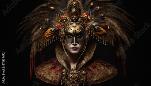  a woman wearing a mask with feathers on her head and a feathered mask on her head with feathers on her head and a feathered mask on her head. generative ai