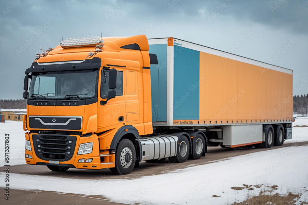 Large truck with trailer, loaded with boxes, in a yard of a transport and forwarding company - AI generative Large truck with trailer, loaded with boxes, in a yard of a transport and forwarding company - AI generative