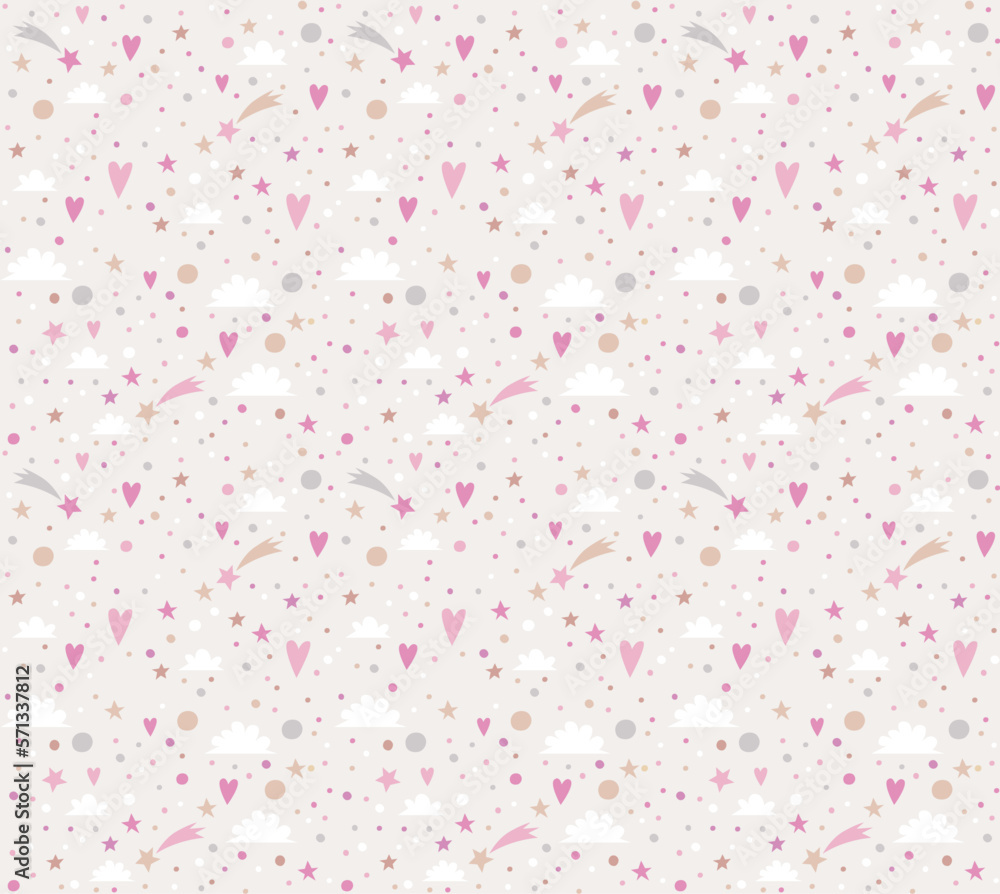 Cute Sent Valentine's Day set. Seamless pattern with hearts, stars, dots and clouds
