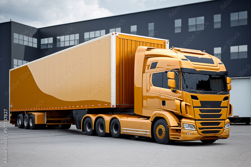 Large truck with trailer, loaded with boxes, in a yard of a transport and forwarding company - AI generative Large truck with trailer, loaded with boxes, in a yard of a transport and forwarding company - AI generative