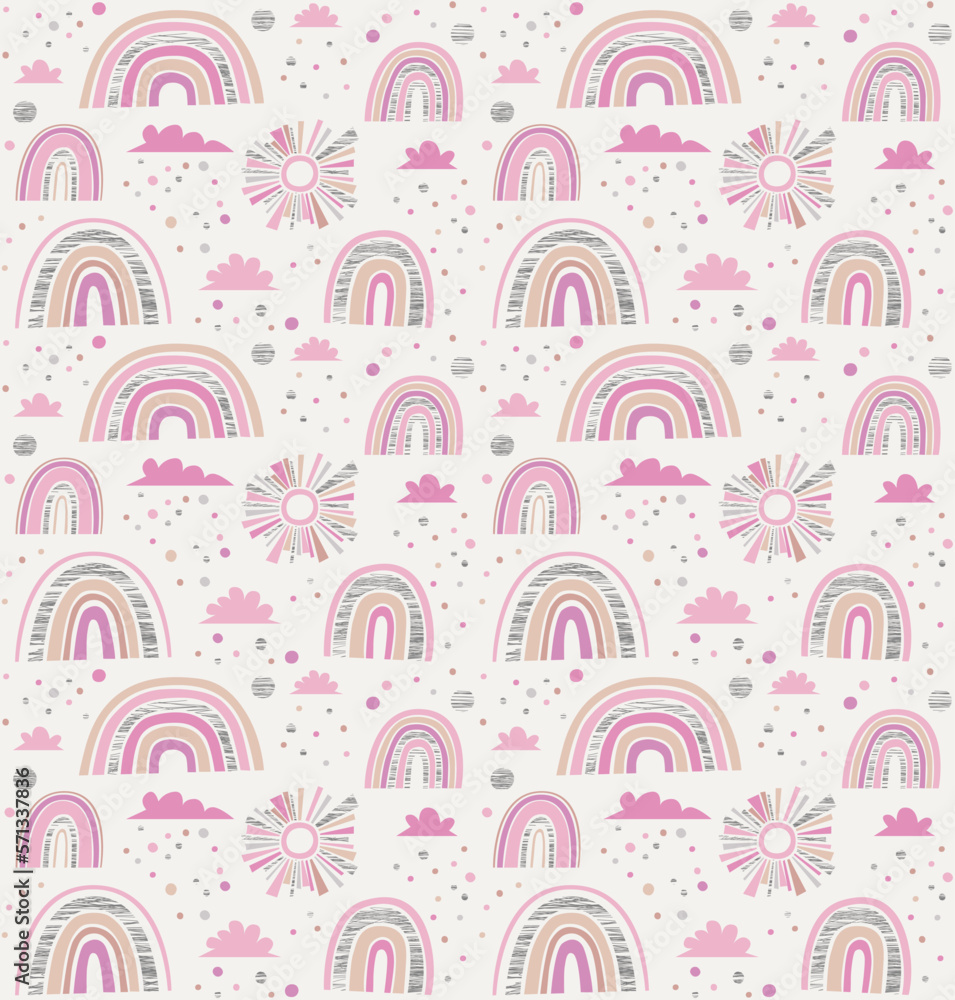 Cute forecast collection. Seamless pattern with rainbows, sun and clouds
