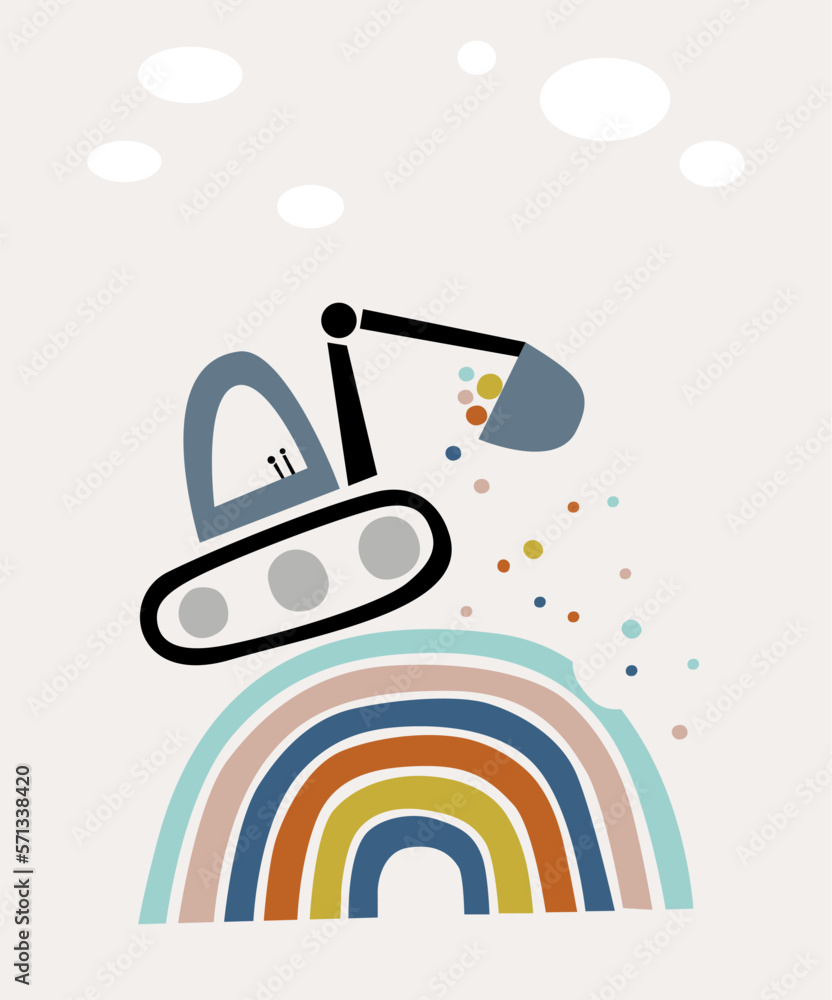 Construction site. Illustration of the digger works on the rainbow. Poster for boys Construction site. Illustration of the digger works on the rainbow. Poster for boys