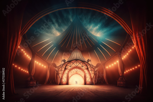 Image from inside a large circus illuminated by beautiful lights in its most incredible presentation. photo