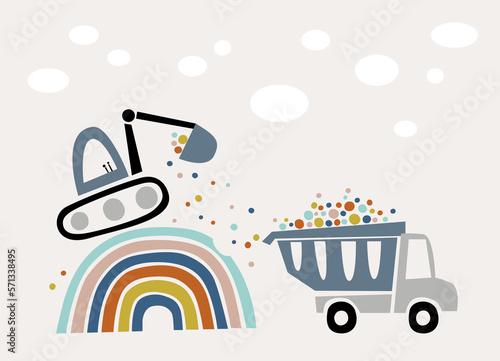 Rainbow construction site. Illustration of the excavator loads confetti from rainbow on the dump truck