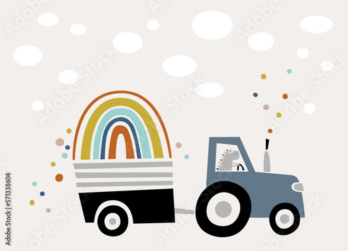 Illustration of the dinosaur on the tractor carries a rainbow