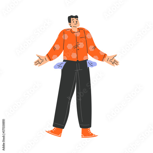 Poor Man Character with Empty Pockets Standing Having No Money Vector Illustration