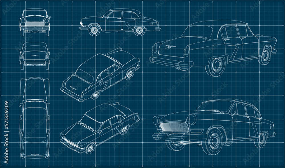 Soviet retro car. Car in three projections with perspective and isometry. Scale model of transport. Blueprint.