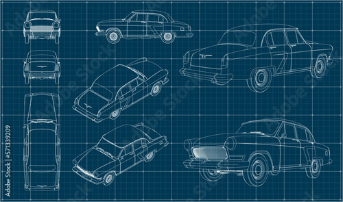 Soviet retro car. Car in three projections with perspective and isometry. Scale model of transport. Blueprint.