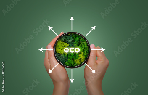 Hand of human holding mug with green plant and text as a symbol of protection of nature. Ecology and world sustainable environment concept. Conceptual image. Earth day.