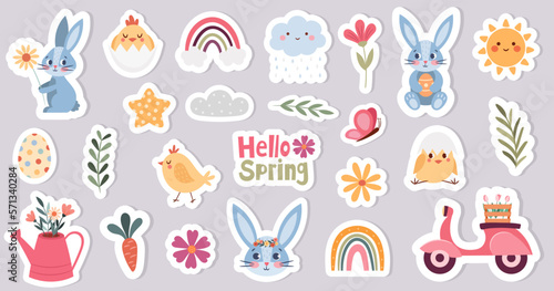 Tableau sur toile Spring Easter sticker set with rabbits and chickens