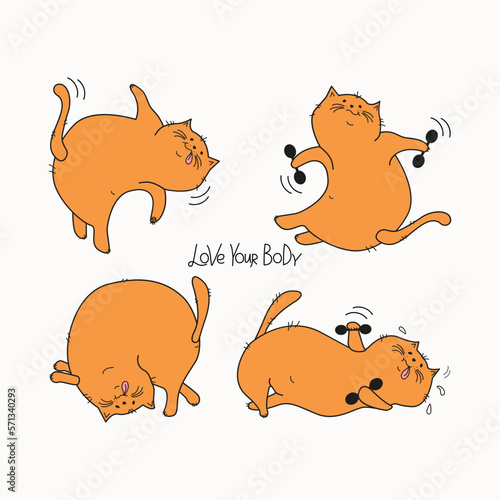 Cartoon Cats Set,  lettering. Body positive . Fat happy cats doing gymnastics. Cat with dumbbells, in yoga pose.  Doodle. Vector illustration. Background isolated.