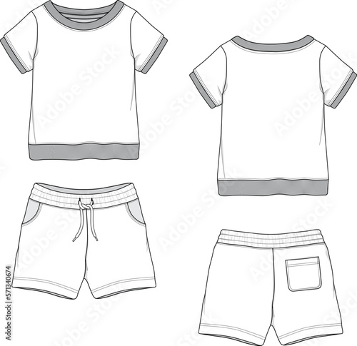 Infant Baby Toddler Raglan Fleece Sweatshirt Shorts Set Mockup Sketch Template Technical CAD Illustration