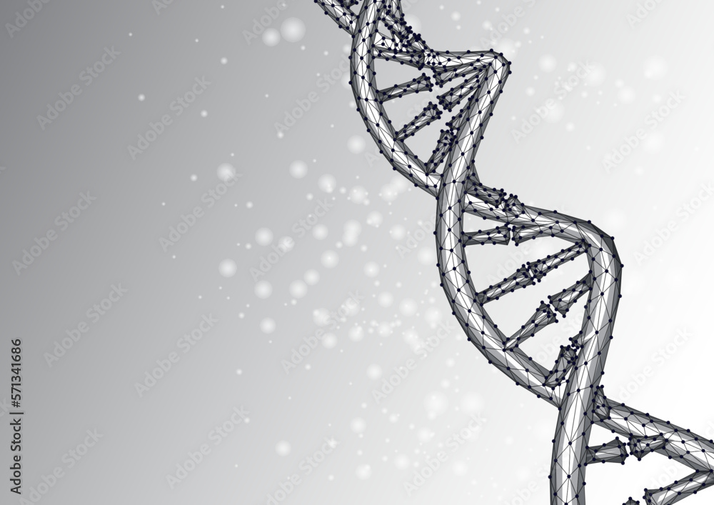Abstract DNA molecule in polygonal style black on white background. Wireframe Helix DNA structure