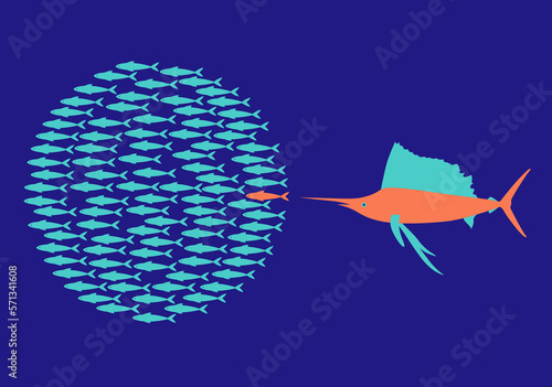 Illustration of the marlin fish hunting to the shoal of fish