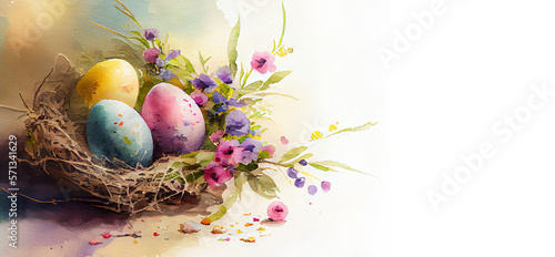 Watercolor painting of Easter holiday theme as bird nest with flowers and pained eggs on generative AI art 